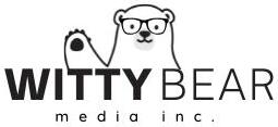 Logo featuring a bear with eyeglasses on top of the words witty bear